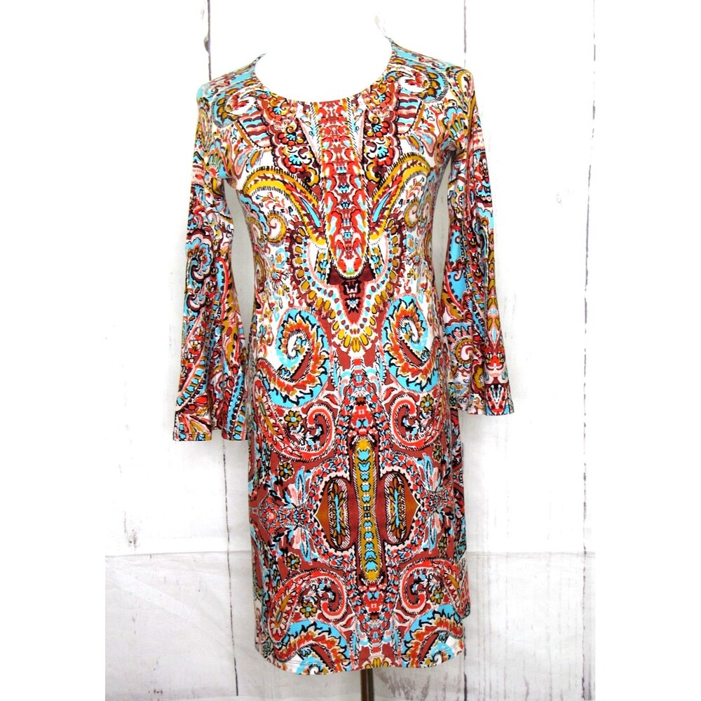 Chico's Mini Shift Dress Charm Print Bell Long Sleeve Multi Jersey Size 0 Petite